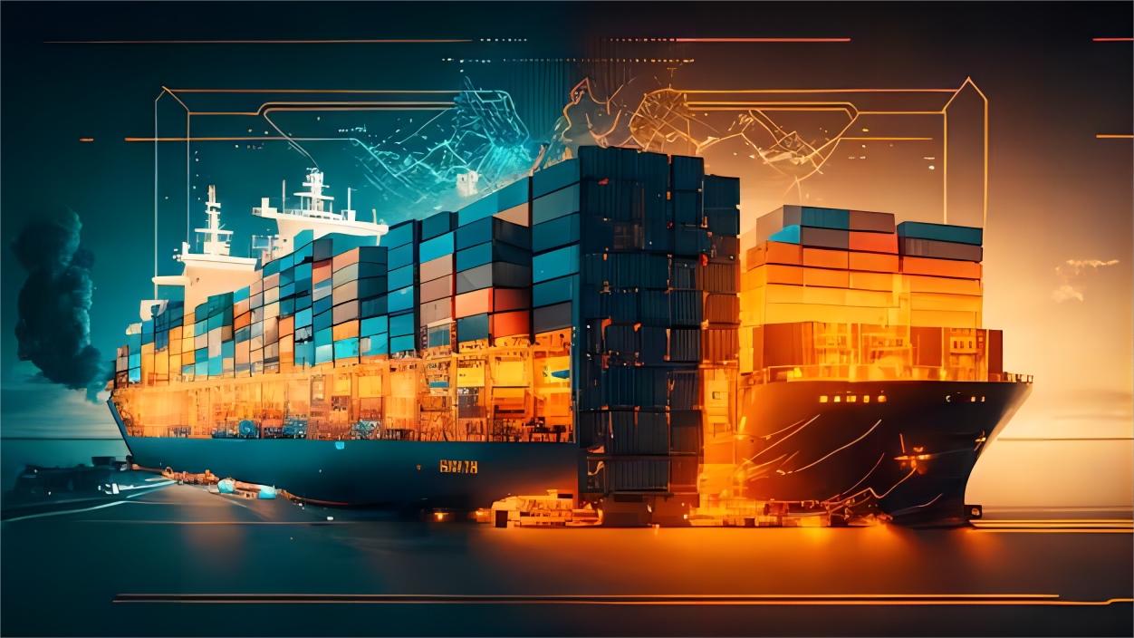 Cargo ship loaded with containers at a busy port